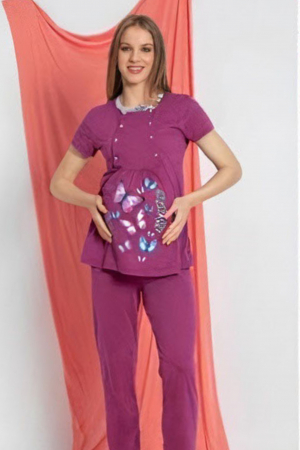 Set pijama gravida bumbac, 3 piese, deschidere nasturi pentru alaptat, mov [4]