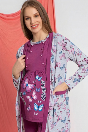 Set pijama gravida bumbac, 3 piese, deschidere nasturi pentru alaptat, mov [2]