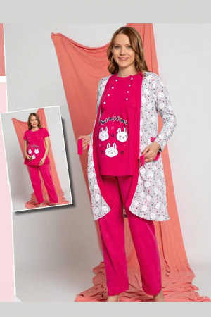 Set pijama gravida bumbac, 3 piese, deschidere nasturi pentru alaptat, rosu [1]