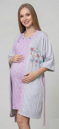 Pijamale gravide - Set Pijama Gravide si Alaptare 2 Piese din Bumbac - Camasa de Noapte si Halat 687