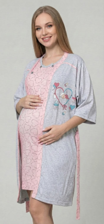 Pijamale gravide - Set Pijama Gravide si Alaptare 2 Piese din Bumbac - Camasa de Noapte si Halat 687 corai