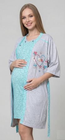 Pijamale gravide - Set Pijama Gravide si Alaptare 2 Piese din Bumbac - Camasa de Noapte si Halat 687 bleu