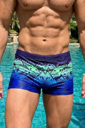 Sort baie barbati - Slip de baie barbati boxeri, inchidere cu snur si buzunar albastru/neon q323