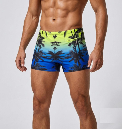 Sort baie barbati - Slip de baie barbati boxeri, inchidere cu snur si buzunar neon/albastru q321