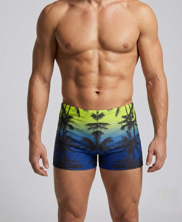 Sort baie barbati - Slip de baie barbati boxeri, inchidere cu snur si buzunar bleumarin/neon q321