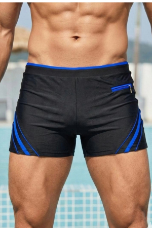 Sort baie barbati - Slip de baie barbati boxeri, snur si buzunar cu fermoar negru/albastru q306