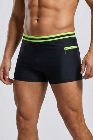 Sort baie barbati - Slip de baie barbati boxeri, snur si buzunar cu fermoar negru/neon Q325