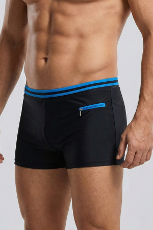 Sort baie barbati - Slip de baie barbati boxeri, snur si buzunar cu fermoar negru/blue Q325