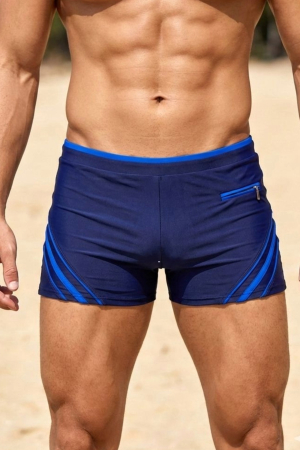 Sort baie barbati - Slip de baie barbati boxeri, snur si buzunar cu fermoar bleumarin/albastru q306