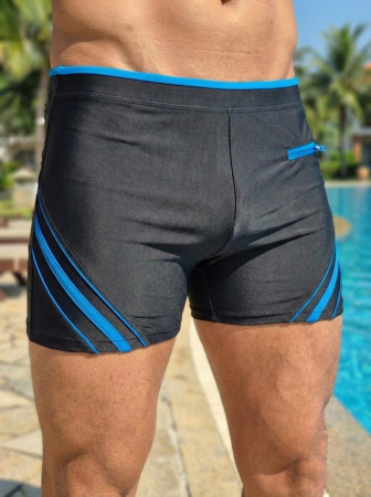 Sort baie barbati - Slip de baie barbati boxeri, snur si buzunar cu fermoar negru/albastru q306