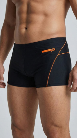 Sort baie barbati - Slip de baie barbati tip boxeri, cu snur si buzunar cu fermoar negru/portocaliu Q330