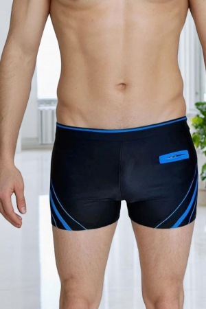 Slip de baie barbati tip boxeri, cu snur si buzunar cu fermoar negru/albastru deschis q306/7 [0]