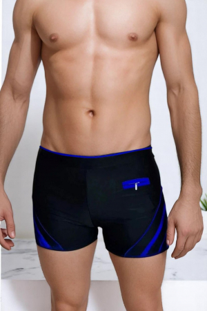 Slip de baie barbati tip boxeri, cu snur si buzunar cu fermoar negru/albastru inchis q306/7 [0]