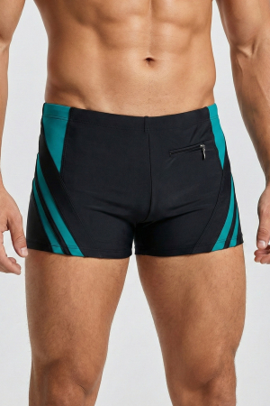 Sort baie barbati - Slip de baie barbati tip boxeri, cu snur si buzunar cu fermoar negru/verde Q328