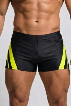 Sort baie barbati - Slip de baie barbati tip boxeri, cu snur si buzunar cu fermoar negru/neon Q329