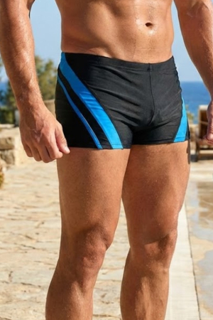 Sort baie barbati - Slip de baie barbati tip boxeri, cu snur si buzunar cu fermoar negru/bleu Q329