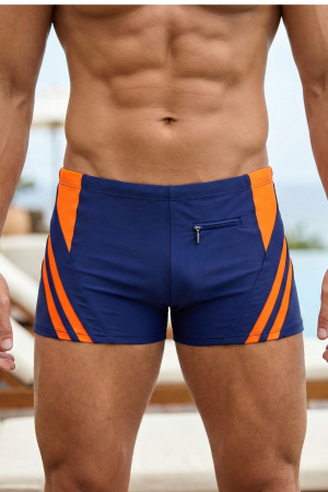 Sort baie barbati - Slip de baie barbati tip boxeri, snur si buzunar cu fermoar bleumarin/orange Q328