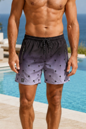 Sort baie barbati - Sort de baie barbati premium, tip pantalon scurt, buzunare cu fermoar, negru/gri 8354 -resinge apa