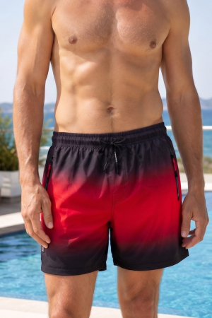 Sort baie barbati - Sort de baie barbati premium, tip pantalon scurt, cu buzunare fermoar, negru/rosu 8353 -resinge apa
