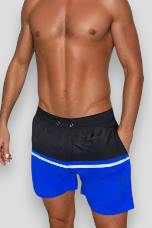 Sort de baie barbati, tip pantalon scurt, cu buzunare, material care respinge apa, negru/albastru m0286 [0]