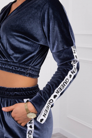 Trening dama catifea, maneci si pantaloni lungi, cu dunga laterala Queen, albastru, marime S/M [6]