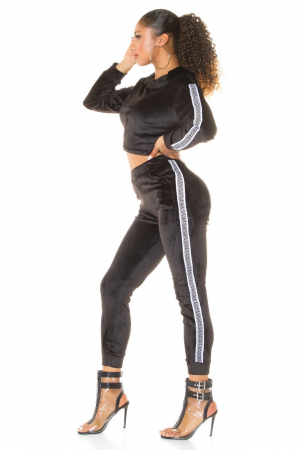 Trening dama catifea cu dungi laterale, pantaloni lungi si hanorac cu gluga, negru [3]