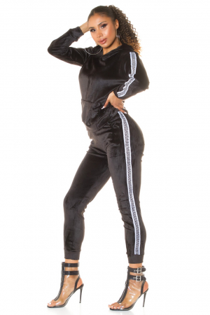Trening dama catifea cu dungi laterale, pantaloni lungi si hanorac cu gluga, negru [4]