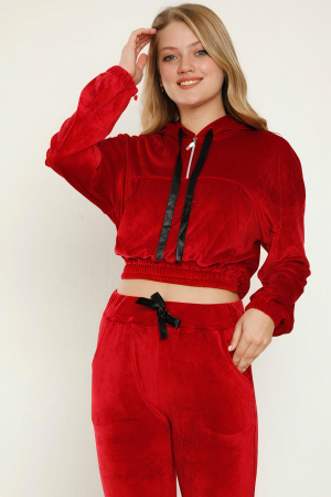 Trening dama, catifea premium, set 2 piese, buzunare laterale si gluga, Rosu [3]