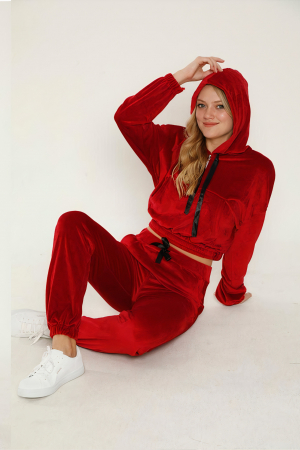 Trening dama, catifea premium, set 2 piese, buzunare laterale si gluga, Rosu [5]