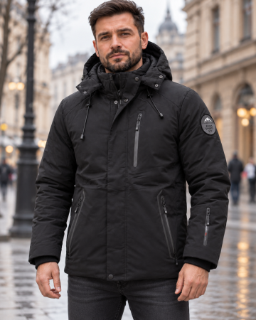 Geci si veste barbati - Geaca Groasa Barbati de Iarna Neagra cu Gluga si Buzunare cu Fermoar