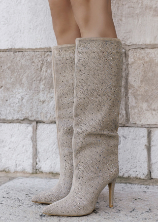 Cizme si botine - Cizme bej cu strasuri B-72527A 110