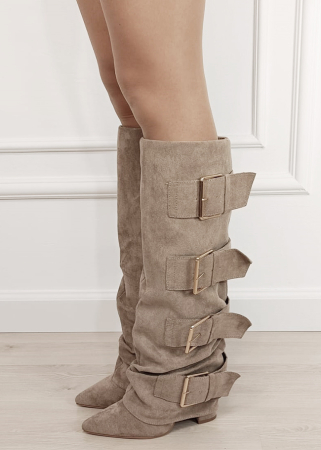 Cizme si botine - Cizme bej elegante cu toc comod B-7677A 19