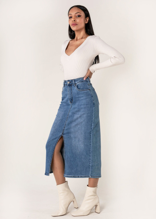 Noutati - Fusta albastra de denim cu slit frontal B-P215 M10