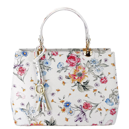 Nők - Fehér, virágmintás táska valódi bőrből 1330 M9