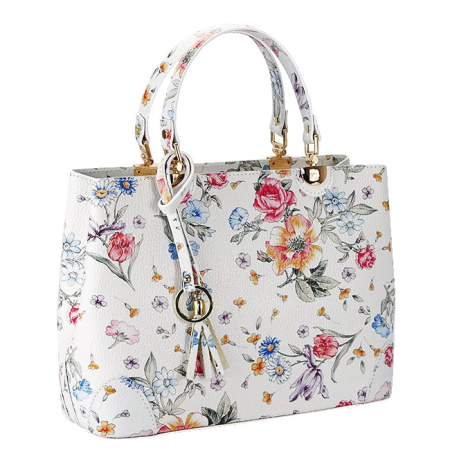 Genti din piele - Geanta alba cu imprimeu floral din piele naturala B-1330 M9