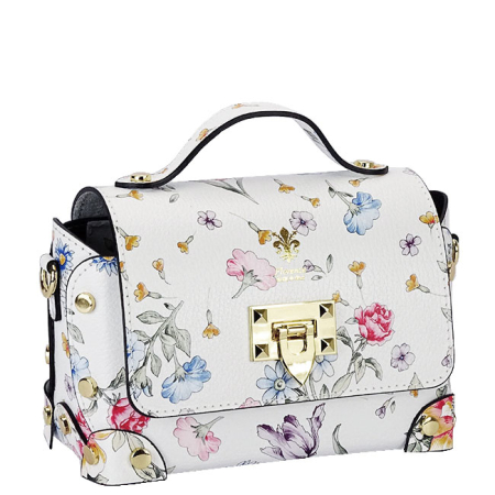 Genti din piele - Geanta alba din piele naturala cu imprimeu floral B-1616 131