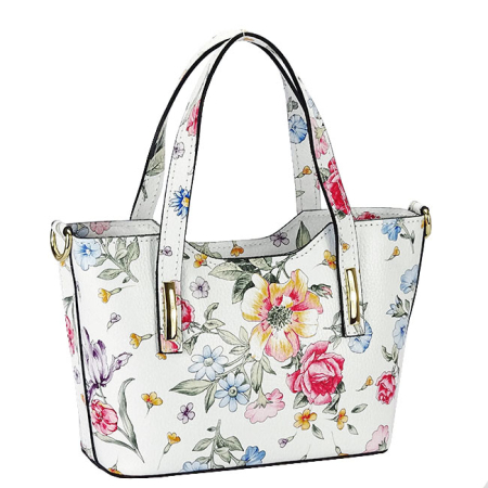 Genti din piele - Geanta alba din piele naturala cu imprimeu floral B-8904 131