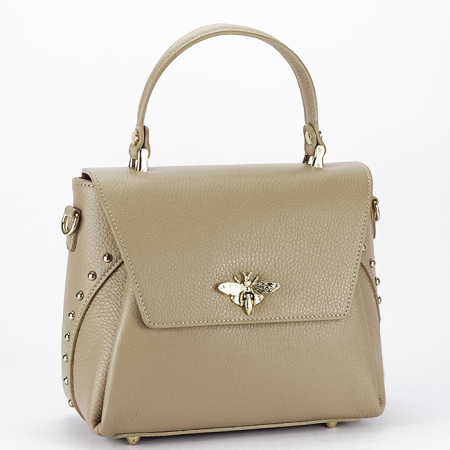 Femei - Geanta din piele naturala bej taupe cu brosa B-1505A 123