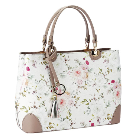 Genti din piele - Geanta nude cu imprimeu floral din piele naturala B-1330 M9