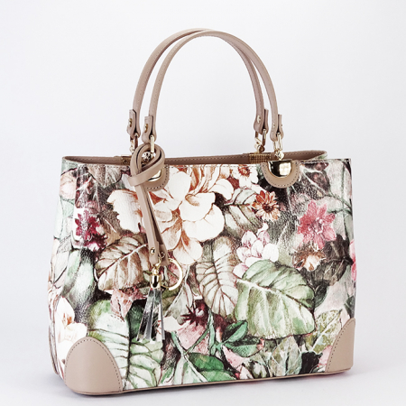 Femei - Geanta din piele naturala B-1330 M9 Taupe cu imprimeu floral