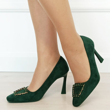 Pantofi - Pantofi verzi cu toc comod si brosa B-1748 03