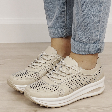 Oferte Speciale - Sneakers piele naturala bej, perforat, B-9005 M4