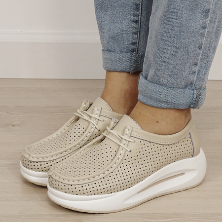 Oferte Speciale - Sneakersi bej perforati din piele naturala B-5129 M4