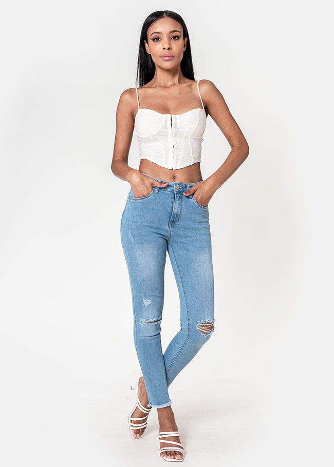 Blugi slim dama cu detalii rupte, Albastru deschis B-P501-6 M10 [1]