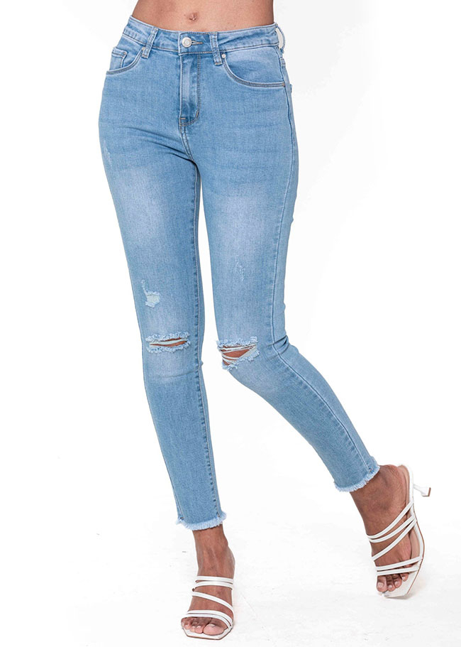 Blugi slim dama cu detalii rupte, Albastru deschis B-P501-6 M10 [5]