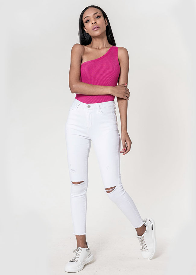 Blugi slim dama cu detalii rupte, Albi B-P501-10 M10 [3]