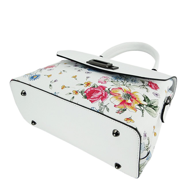 Geanta din piele naturala alba cu flori B-8959 124 Alb