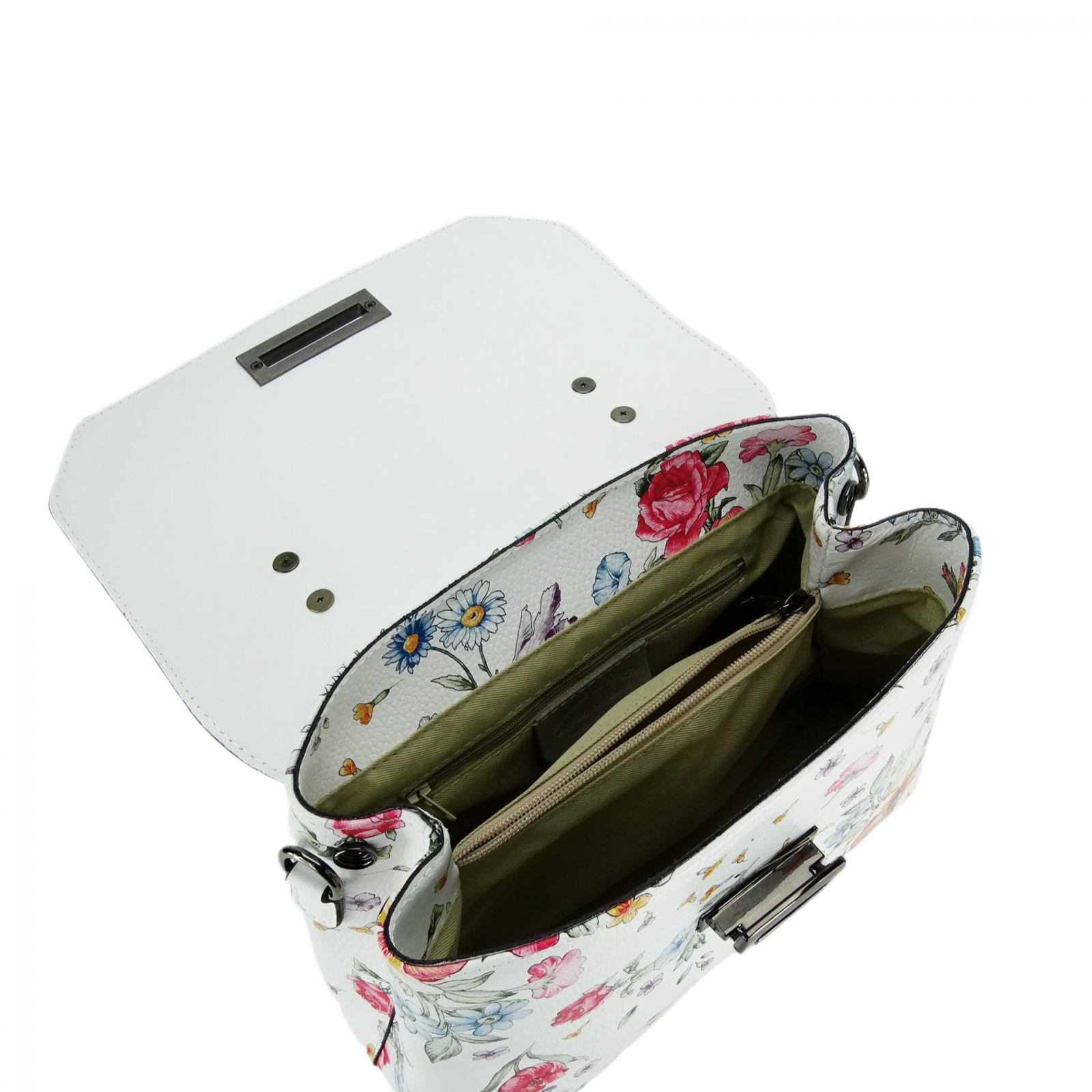 Geanta din piele naturala alba cu flori B-8959 124 Alb