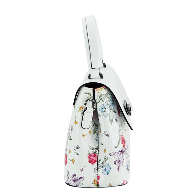 Geanta din piele naturala alba cu flori B-8959 124 Alb