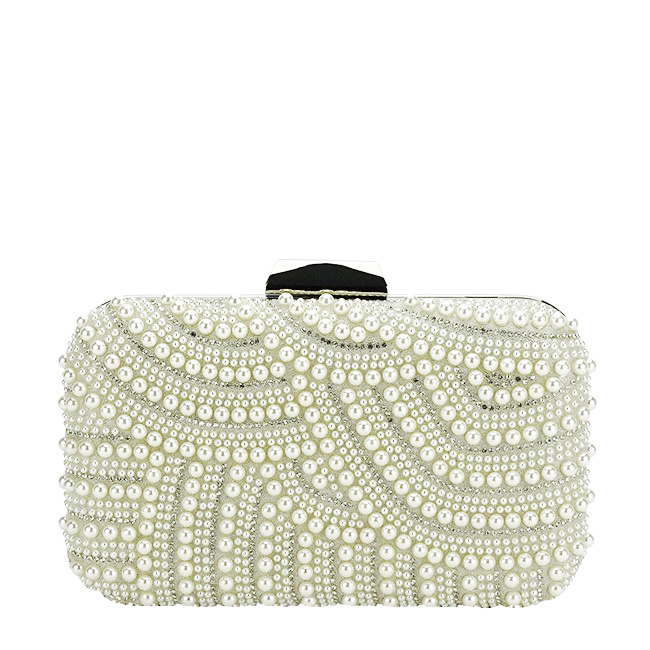 Clutch ivoar argintiu decorat cu perle B-1006 05 Alb